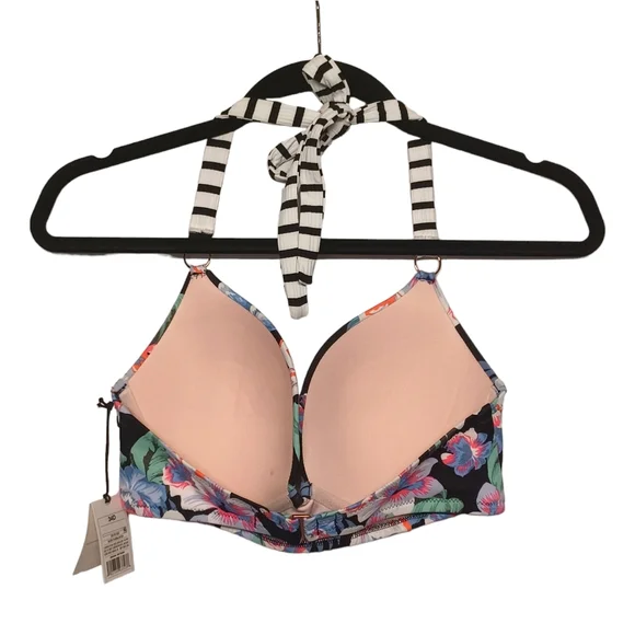 SHADE & SHORE Colorful Blue Floral Print White Stripe Halter Bikini Top 34D - Picture 5 of 9